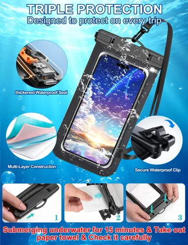 Vista 5 de Paquete de 2 bolsas universales impermeables para teléfono, bolsa grande impermeable para teléfono, nivel de protección: IP68, deportes al aire