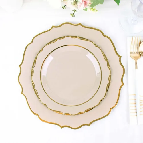 Vista 9 de Efavormart - Paquete de 10 platos de ensalada de postre de plástico gris pardo de 8 pulgadas, vajilla desechable redonda con borde festoneado dorado