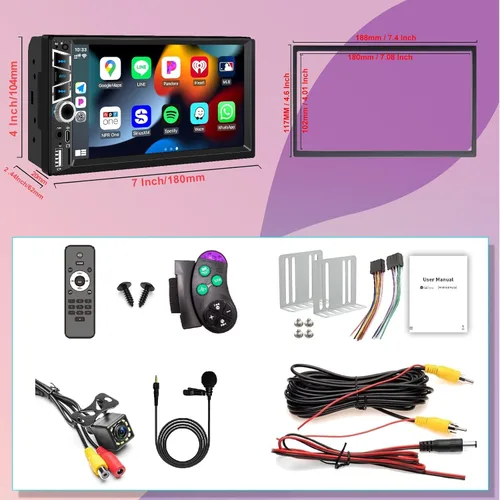 Vista 5 de Estéreo de coche inalámbrico Apple Carplay de 7 pulgadas Doble DIN, pantalla táctil IPS, Bluetooth 5.2, radio FM para el coche, cámara trasera
