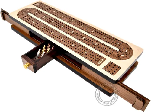 Vista 5 de House of Cribbage - Tabla continua para cuna con incrustaciones de 4 pistas de arce/madera de teca con tapas deslizantes y cajón