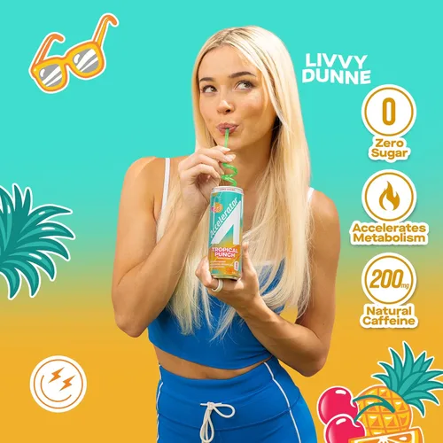 Vista 8 de Bebida energética Accelerator, ponche tropical, lata de 12 onzas (paquete de 12), sin azúcar, energía sostenida de cafeína 100% natural