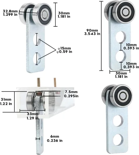 Vista 2 de Rodillos de montaje de carro de 2 ruedas. Montaje de carro de rodamientos. La parte superior del carro tiene espacio para tornillos de ajuste, lo