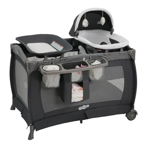 Vista 9 de Centro para bebé, corralito plegable para bebé y niño pequeño, moisés, colchón, mesa de cambio para recién nacidos (negro)