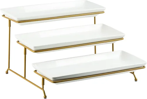 Vista 10 de YHOSSEUN Bandeja Grande de 3 Niveles con Soporte para Servir, Platos para Servir para Entretenimiento, Bandeja de Servir Escalonada para el Día