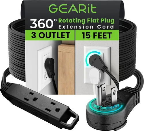 Vista 43 de GEARit Cable de extensión corto con enchufe plano giratorio de 360° y 3 tomas (2 pies, gris) 16AWG/13A Cable de 3 clavijas, Protector de toma