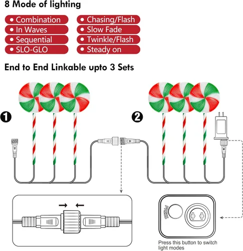 Vista 6 de Flashmen Paquete de 6 luces de camino de piruletas de 28 pulgadas, decoraciones navideñas al aire libre con 8 modos de iluminación, marcador