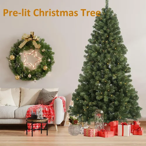 Vista 3 de Árbol de Navidad preiluminado de 6.5 pies, árbol de Navidad artificial con 250 luces LED, soporte de metal de 850 puntas y ramas con bisagras