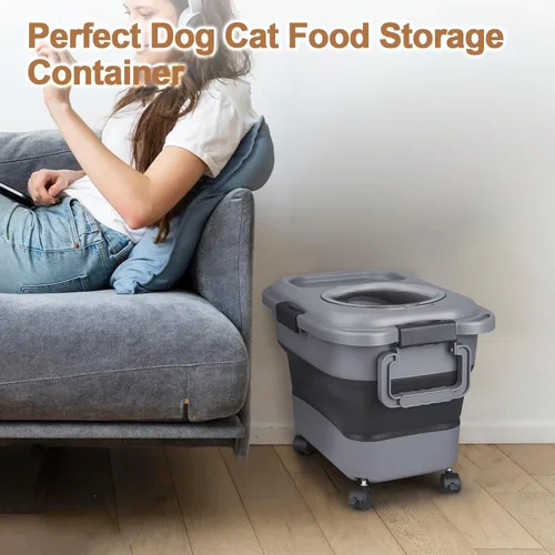 Vista 7 de Contenedor de almacenamiento de alimentos para perros, 10 a 20 libras, hermético, plegable, con ruedas acoplables, asa portátil, cuchara de comida