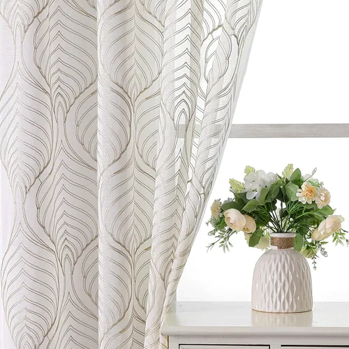 Vista 18 de VISIONTEX Cortinas traslúcidas blancas de 95 pulgadas de largo, juego de 2 paneles de cortinas beige marroquíes bordadas en enrejado, textura