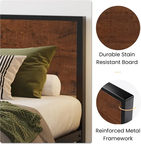 Vista 4 de SHA CERLIN Base de cama matrimonial con cabecero, almacenamiento debajo de la cama, construcción de metal sólido, no necesita somier, color marrón