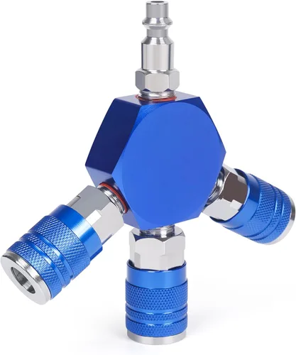 Connect Fittings Divisor de aire, colector de aire NPT de 3 vías de 1/4 pulgadas con 3 piezas de acopladores y enchufe industriales rápidos 1/4NPT,