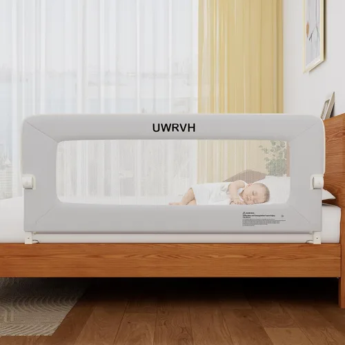 Vista 9 de Riel de cama para niños pequeños, riel plegable de 33 pulgadas, base en forma de T sin taladrar con bloqueo de seguridad, tela 3D suave, protector
