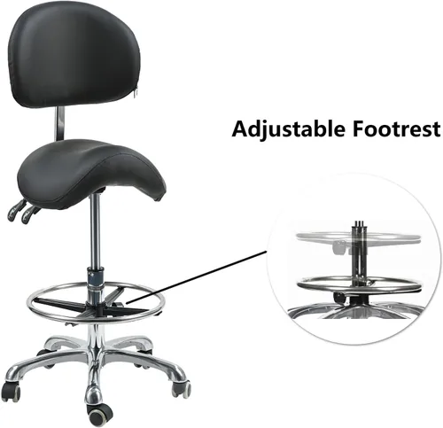 Vista 4 de Silla de montar con soporte de espalda, taburete giratorio ergonómico con ruedas, anillo de pie para higienista dental, técnico de pestañas