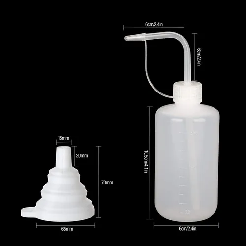 Vista 2 de Hyber&Cara Botella de lavado de seguridad con tapa, 3 unidades, 8.5 fl oz, botella de plástico para riego de plantas, para laboratorio con 1 embudo