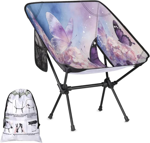 Dreamy Purple Butterfly Flower Camping Chair - Portable Outdoor Folding Chair,Steel Tube X-Shaped Support,Comes with Side Storage Bags,Suitable for