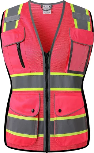 Vista 7 de Chaleco de seguridad reflectante para mujer, chaleco de malla de alta visibilidad con 8 bolsillos y cremallera frontal, chaleco de alta visibilidad