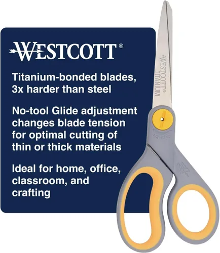 Vista 7 de Westcott Tijeras de titanio de 8 pulgadas con función de deslizamiento ajustable para oficina y hogar - Gris/Amarillo