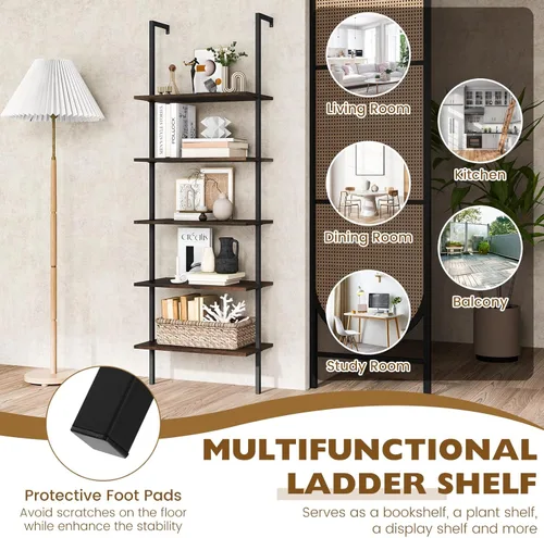Vista 9 de Tangkula Estantería de 5 niveles, moderna estantería de escalera para montar en la pared, estantería abierta de madera de 5 niveles con marco