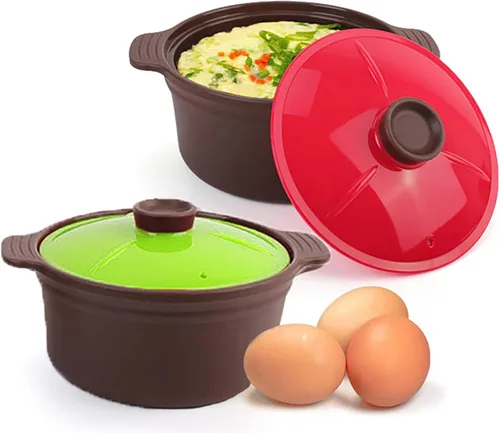 Vista 11 de Juego de 2 ollas de silicona para microondas con asa y tapa, recipiente de cocina antiadherente de 20.3 fl oz para cocinar huevos al vapor