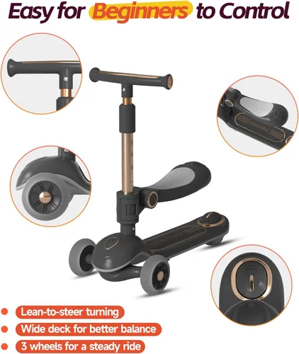 Vista 4 de 2-in-1 Toddler Scooter with Seat, First Scooter for Kids Ages 2–5, Sit-to-Stand Training Scooter, 3 Wheel Lean-to-Steer, Adjustable Handlebars