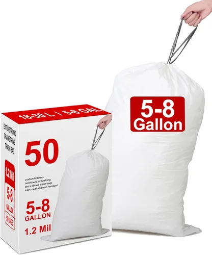 Vista 12 de Bolsas de basura con cordón resistentes de 50 unidades de 1.2 mil de grosor Forros blancos para botes de basura compatibles con Code P de 13-17