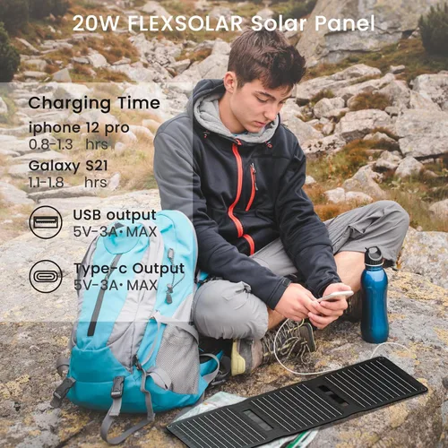 Vista 3 de [Actualizado] FlexSolar - Panel solar portátil de 20 W, paneles plegables ETFE de alta eficiencia con puertos USB A/USB C de 5 V, cargador solar