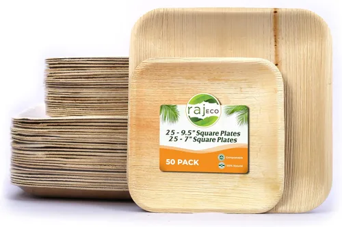 Vista 21 de Raj Platos de hoja de palma desechables de bambú de 10 pulgadas y 7 pulgadas, paquete de fiesta cuadrado a granel (50 unidades) compostables