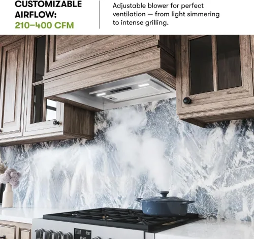 Vista 5 de Zephyr Campana extractora de inserción de 21 pulgadas, 400 CFM, potencia de 3 velocidades, ventilador Tornado, mini toldo de ventilación integrado