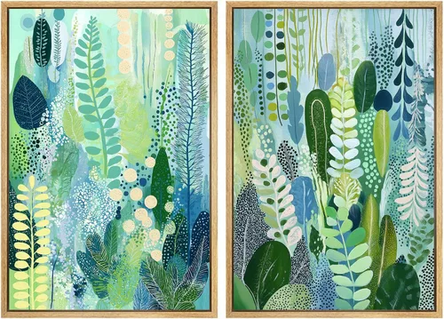 Imágenes vibrantes de color verde y azul, acuarelas, pinturas de plantas, impresiones de arte botánico abstracto, póster estético minimalista, hojas