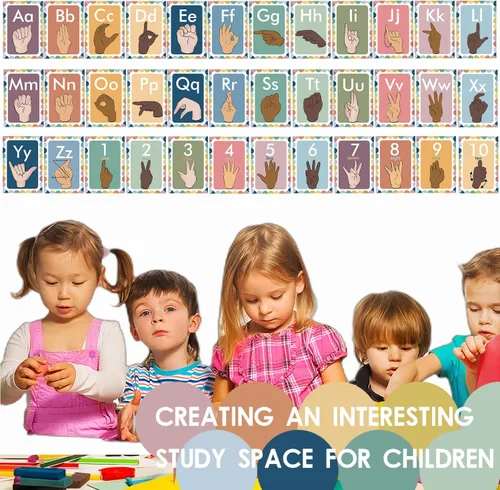 Vista 7 de 36 piezas de juego de tablero de anuncios de línea alfabética ASL, tarjetas flash de lenguaje de señas ABC, carteles de números, decoración de pared