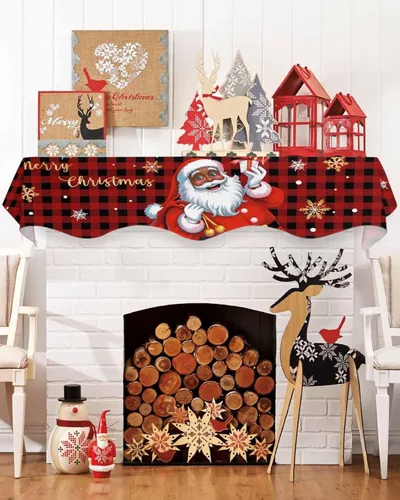 Vista 8 de Daleng Bufanda de repisa de Navidad para chimenea, 60 x 17 pulgadas, muñeco de nieve rojo, bola de Navidad verde, árbol de pino floral, decoración