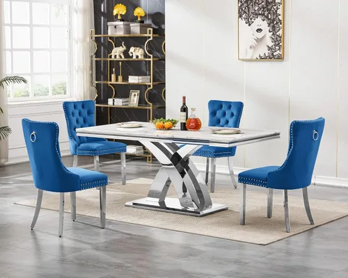 Vista 14 de Mesa de comedor de mármol blanco y dorado de 68.11 pulgadas con 4 sillas de comedor de terciopelo beige, juego de mesa de comedor de mármol