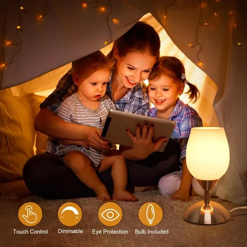 Vista 2 de Lámpara táctil pequeña para mesita de noche de dormitorio, lámparas de noche regulables de 3 vías, lámpara de escritorio de vidrio opal, base