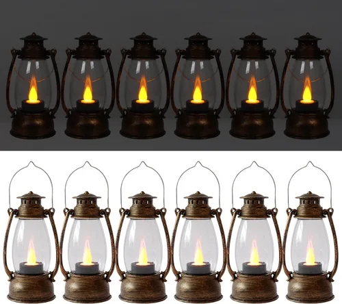 Vista 8 de LLQ Mini faroles decorativos, 12 piezas con velas parpadeantes, faroles colgantes para decoración del hogar y boda, centro de mesa, batería Negro