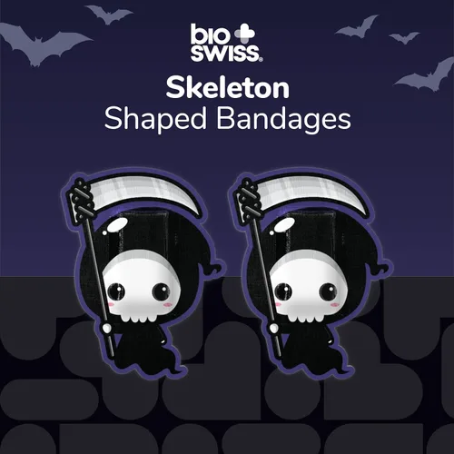 Vista 3 de BioSwiss Vendajes, vendaje autoadhesivo en forma de esqueleto de Halloween, cuidado de heridas estériles sin látex, suministros divertidos