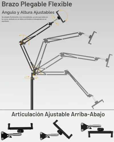 Vista 8 de Soporte de suelo para tablet con base estable de 11 libras y abrazadera de escritorio, brazo giratorio de altura ajustable, compatible con iPhone