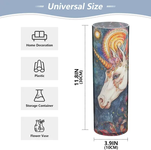 Vista 2 de A Cute Cartoon White unicorns Plastic Cylinder Vases for Flowers 11.8 x 3.9 Inch decorative Small Vases Decorative Centerpieces Bookshelf Wedding