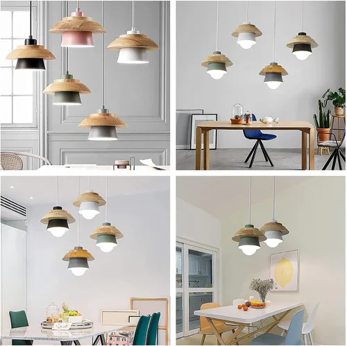 Vista 3 de Nordic - Lámpara colgante moderna de aluminio simple de madera maciza, lámpara colgante creativa color macarrón E27 con boca de tornillo