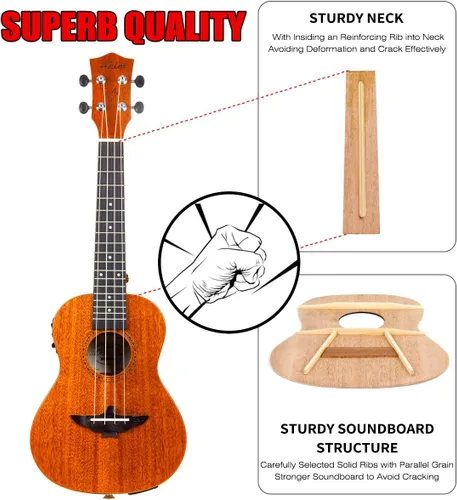 Vista 5 de AKLOT Juego de Ukelele de caoba sólida para principiantes, Ukelele Uke Hawaii con estuche 1:18 y afinador de cobre