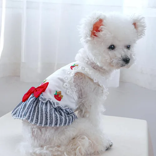 Vista 3 de Vestidos de verano para cachorros, elegante, vestido de encaje con lazo, ligero, transpirable, de algodón, ropa de gato para peluche, pomerania