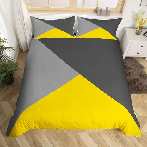 Vista 17 de Juego de ropa de cama con diseño de rayas geométricas de retazos, color naranja, gris y negro, funda de edredón a rayas blancas y gris claro