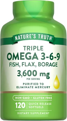 Nature's Truth Omega 3-6-9 cápsulas blandas | 3600 mg | 120 unidades | Aceite de pescado, lino y borraja | Triple fuerza | Suplemento sin OMG y sin