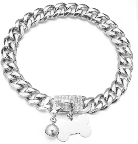 Vista 8 de Collar de cadena de perro resistente, de acero inoxidable con oro de 18 quilates, collar de ahorque, con hebilla de seguridad de diamantes