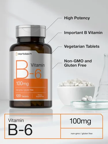 Vista 4 de Horbaach Vitamina B6 100 mg 120 tabletas Piridoxina HCl Suplemento vegetariano, sin OMG y sin gluten