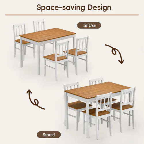 Vista 5 de Juego de mesa de comedor de 5 piezas para 4, juego de mesa de cocina rectangular de madera maciza con 4 sillas, juego de comedor de madera que