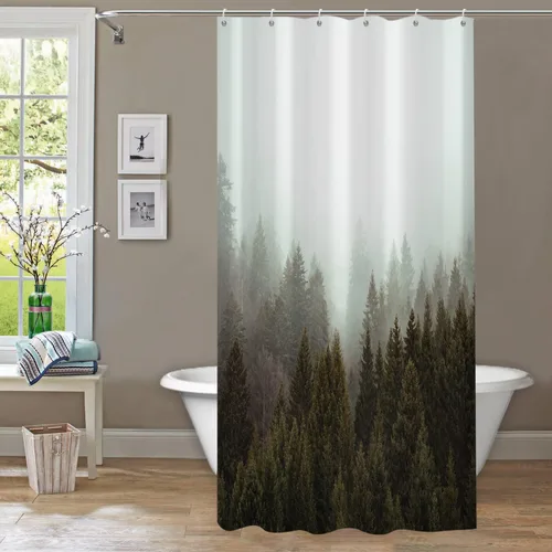 Vista 3 de YiarTaan Cortinas de ducha de bosque brumoso, cortinas de ducha verde niebla para baño, cortina de ducha de bosque, cortina de baño impermeable