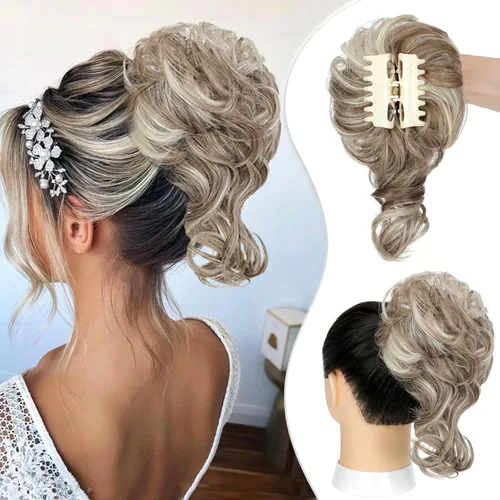Vista 9 de Pieza de pelo desordenado con clip de garra para mujer, extensiones onduladas y rizadas para coleta de caballo, extensiones recogidas para uso Rubio