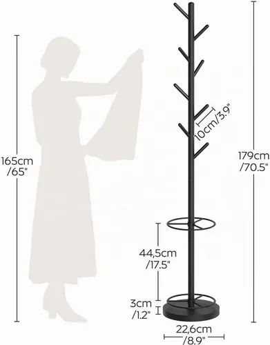 Vista 7 de YATINEY Perchero independiente con soporte para paraguas, perchero con 8 ganchos, árbol de abrigo resistente para entrada, perchero moderno, soporte