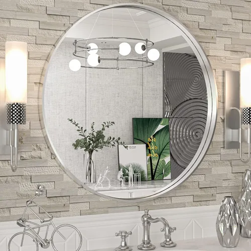 Vista 105 de TokeShimi Espejo de pared de baño de níquel cepillado de 20 x 30 pulgadas, marco de metal, esquina redonda, rectangular, para decoración del hogar