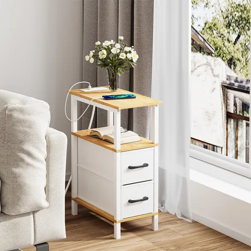 Vista 73 de VIMBER Juego de 2 mesas auxiliares con estación de carga, mesa auxiliar estrecha con puertos USB y tomas, mesitas de noche con estantes